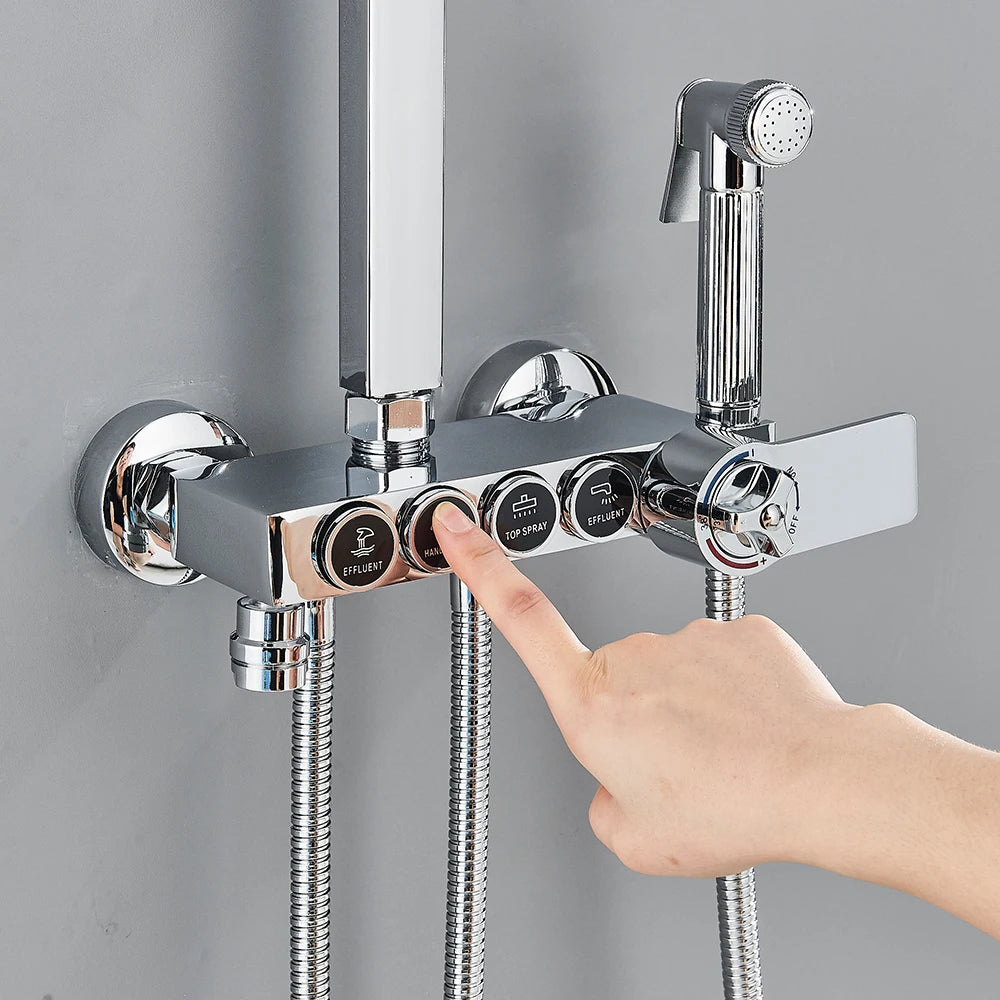 Black Thermostatic Shower Faucet Set For Bathroom Smart Display Hot Cold Water Mixer Tap Wall Mounted Rainfall System With Bidet
