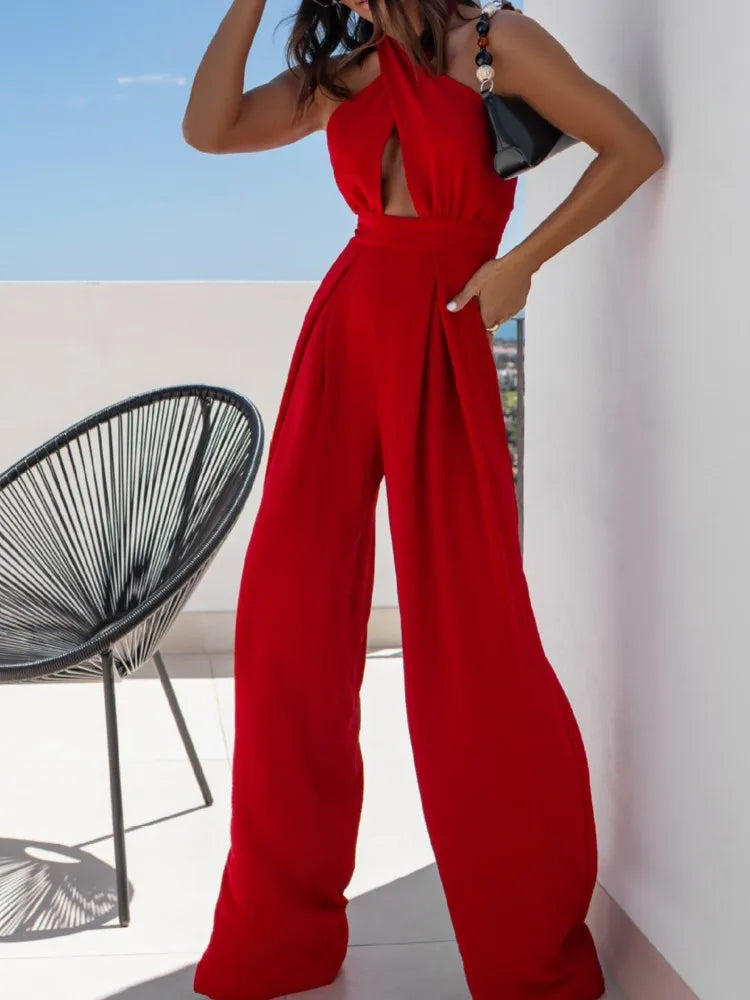 Sexy Backless Halter Neck Sleeveless Bandage Jumpsuit Summer Women Fashion Red Black Hollow Out Wide Leg Jumpsuits Streetwear