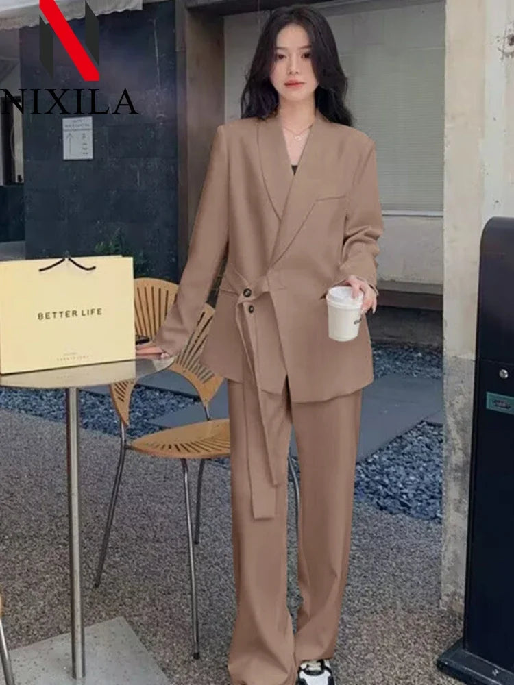 Women's Fashion Office Suit Set Casual Oversized Blazer And Wide Leg Pants Two-Piece Long Sleeve Top Bottoms Combo.