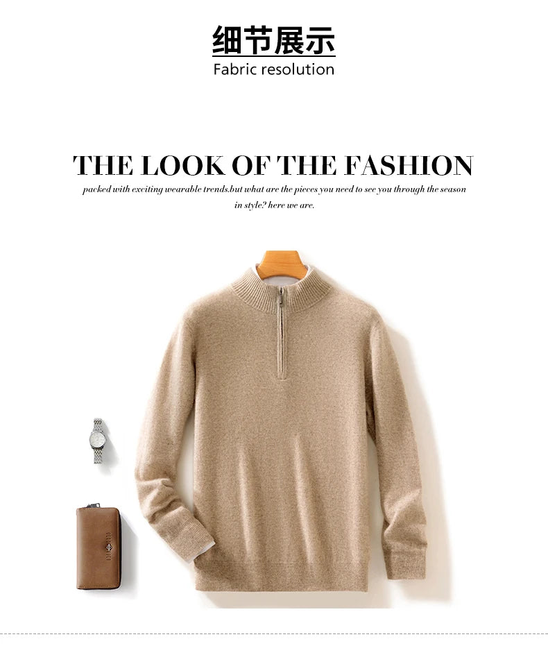 Autumn Winter Men's 100% Merino Wool Sweater Mock Collar Half Zip Knitted Pullover Cashmere Sweatshirt Casual Long Sleeved Tops.