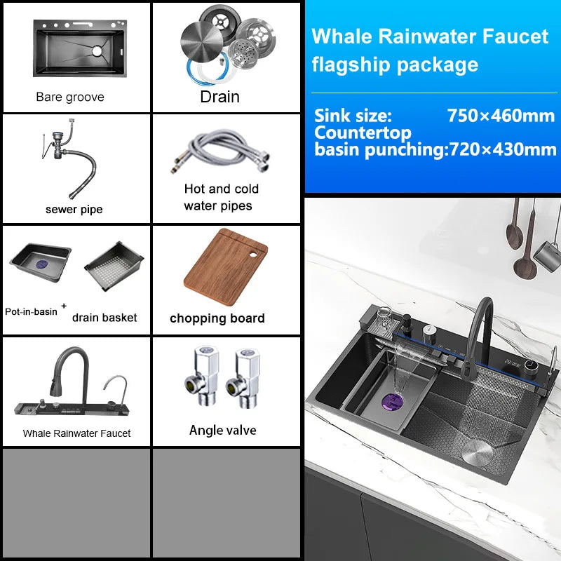Stainless Steel Waterfall Kitchen Sink Extra Large Single Slot Multifunctional Sinks Digital Display Dishwashing Basin