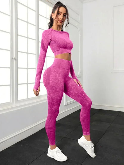 2 Piece Acid Wash Gym Set Women Seamless Long Sleeve Leggings Tracksuit Sports Fitness Suit Scrunch Workout Clothes Yoga Outfits.