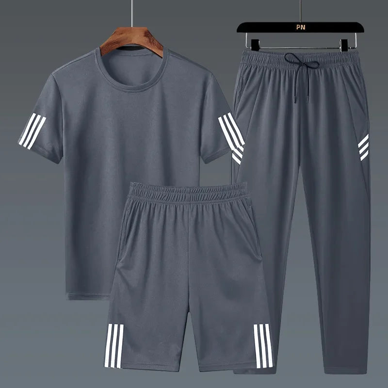 Summer Casual Sports Men's Short Sleeve T-Shirt plus Size Three-Piece Set New Style Long Pants Comfortable Breathable Clothing.