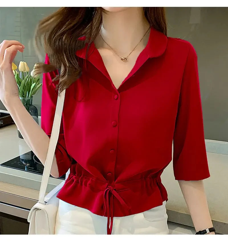 Summer Women All-match Solid Turn-down Collar Half Sleeve Chiffon Shirt Fashion Casual Shirring Single-breasted Blouses Female.