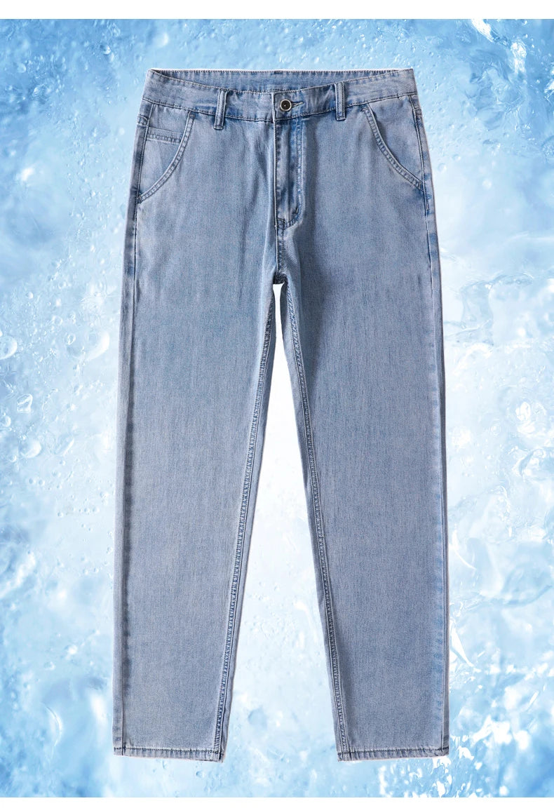 Summer Thin Men's Jeans Lyocell Fabric Soft Breathable Straight Denim Pants Brand Man Elastic Ice Silk Casual Trousers Grey Blue.