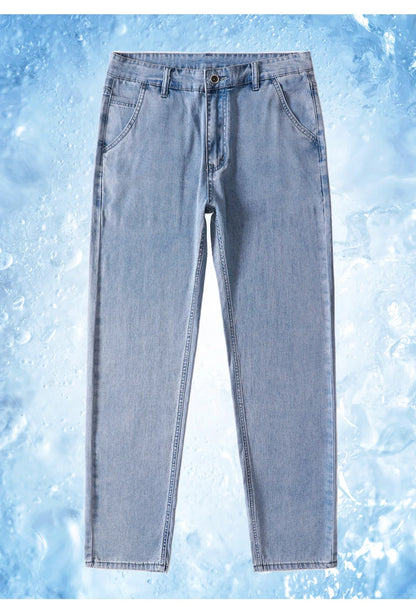Summer Thin Men's Jeans Lyocell Fabric Soft Breathable Straight Denim Pants Brand Man Elastic Ice Silk Casual Trousers Grey Blue.