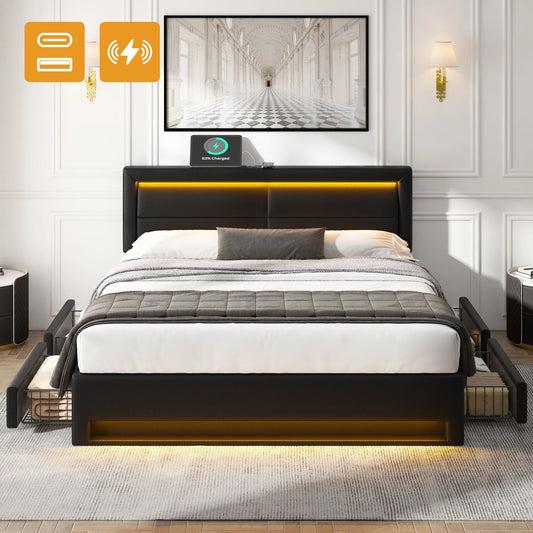 Polsterbett 140 x 200 cm, mit USB-Anschluss, LED-Beleuchtung und vier Schubladen, ohne Matratze, PU-Litschi-Muster , Schwarz