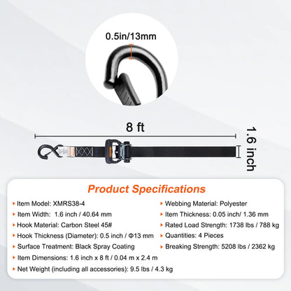 SucceBuy 4 Stück Anhänger-Ratschen-Spanngurte mit gepolsterten Griffen, Haken-Bremsbindegürtel für die Bewegen, Sicherung von Fracht und Motorrädern