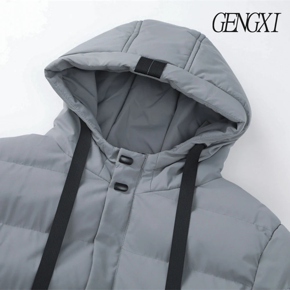 New Winter Men's Mid-Length Cotton-Lined Coat Business-Casual Windproof Warmth Fashionable Hooded Jacket Stylish Menswear.