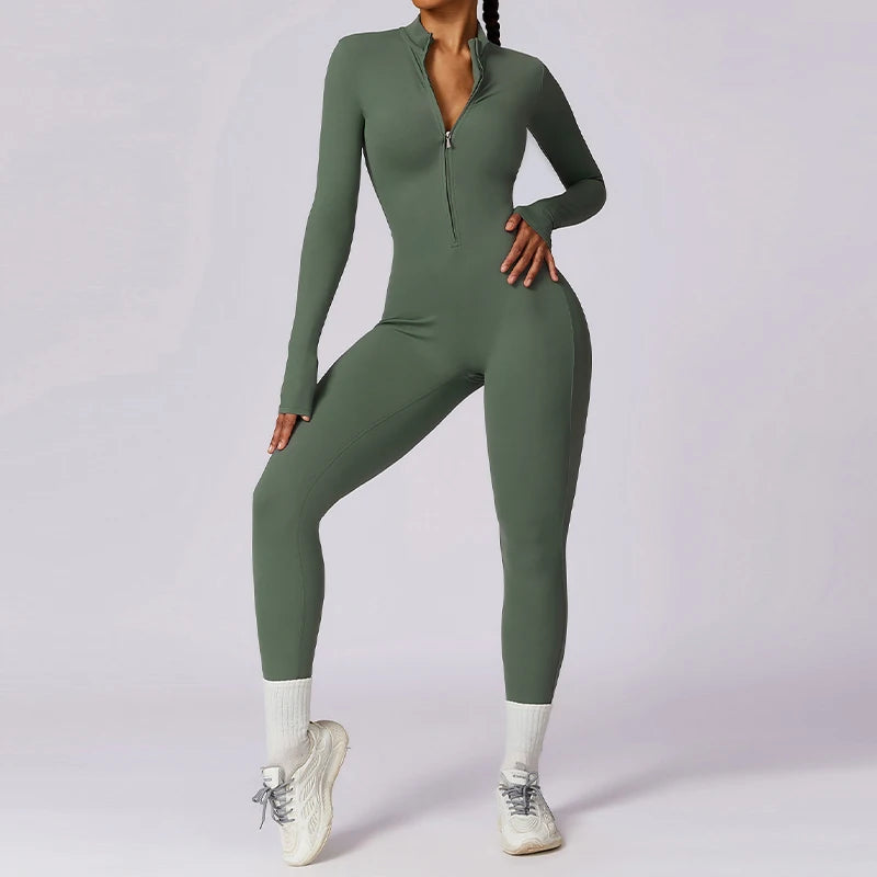 Zipper Long Sleeve Jumpsuit Gym Sportswear Women Yoga Boilersuit Women Sports Jumpsuit Fitness Rompers Stretch Workout Bodysuits.