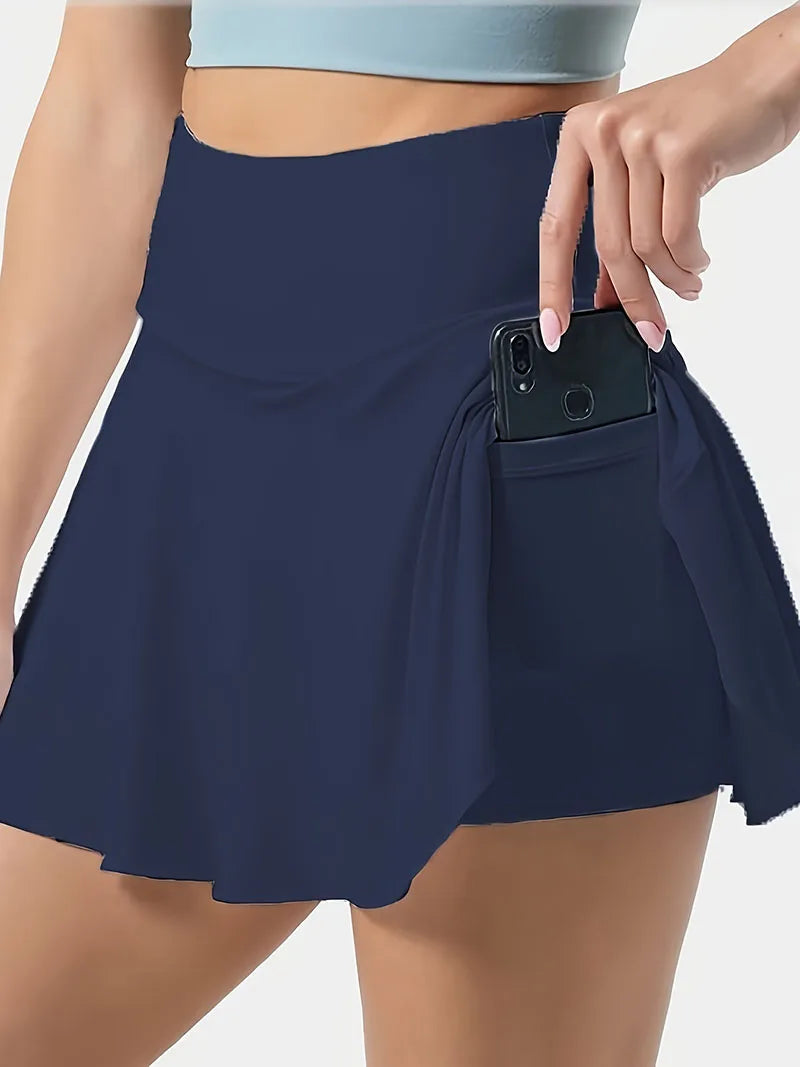 Women's Solid Color High Waisted Tennis Pleated Skirts Inner Pocket Quick Drying Sports Short Running Fitness Skirt.