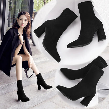 2022 Winter New Thick Heel Suede Pointed Shoes Women's Warm Fashion High Heels Sexy Versatile Short Boots Botte Femme Hiver.