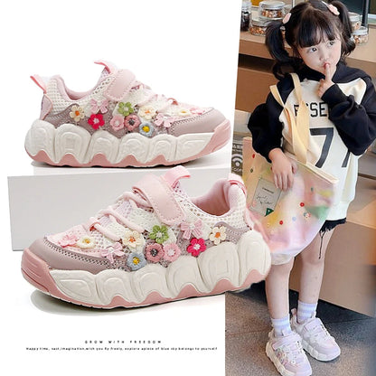 Girls Flowers Sports Shoes Children Princess Embroidered Running Shoes Air Mesh Girls Casual Sneakers Summer 2025 New