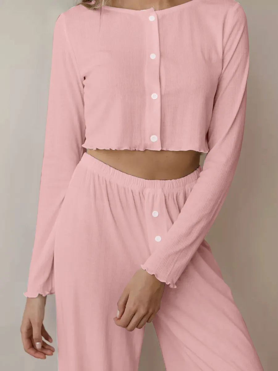 Spring and Autumn New Ladies Sexy Pajamas Homewear Suit Knitted Design Sense Containing Cotton Long-Sleeved Long Pants Suit.