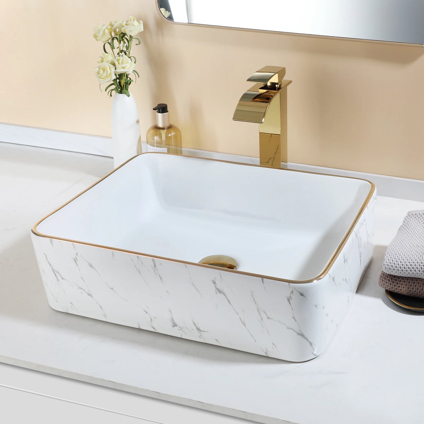 JIENI Keramik-Badezimmer-Waschbecken-Set, quadratisch, Porzellan, Arbeitsplatte, Waschbecken, Wasserhahn, Pop-Up-Abfluss, kombiniertes modernes Waschbecken-Set