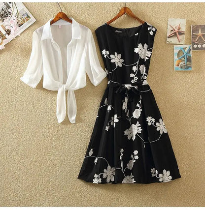 Neuer eleganter Anzug, zweiteiliges Kleid, hohe Taille, ärmellos, schlanker A-Linien-Rock, Blumenstickerei, weißes Oberteil, Schleife, Gürtel, Vintage-Frau.