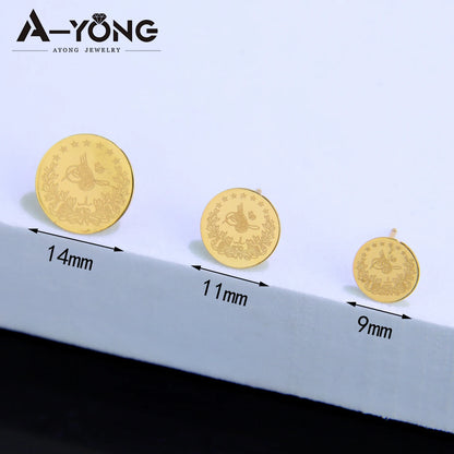 Simple Turkish Liberty Coin Stud Earrings 18k Gold Plated Round Ear Nail Dubai Arab Women Engagement Wedding Party Jewelry.