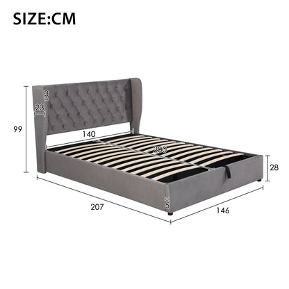 Fangange gepolstertes ohrenförmiges Bett, komplettes/Queensize-/King-/Doppelbett, hydraulisches Funktionsbett mit Lattenrost und Stauraum, Samt