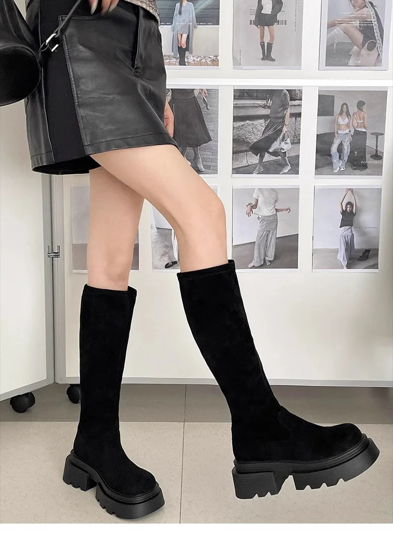 Winter Platform Punk Style Woman Knee High Boot Concise Slip On Elastic Slim Shoes Ladies Thick Bottom Knight Long Booties.