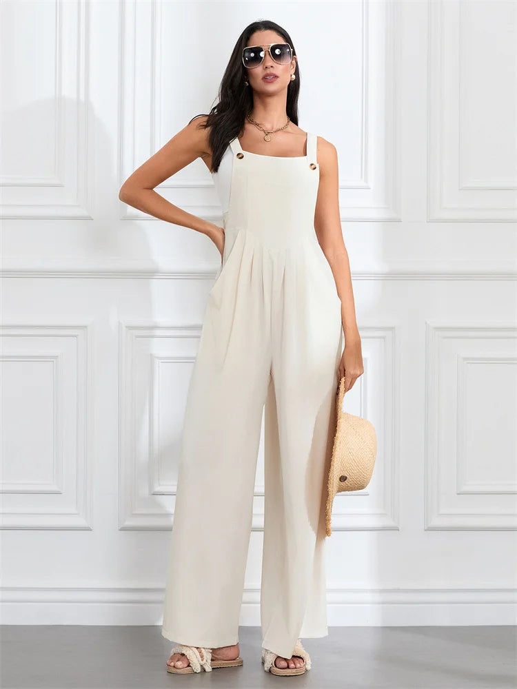 Women Fashion Jumpsuits Sleeveless Buttons Suspender Wide Leg Pant Overalls with Pockets Casual Loose Romper Streetwear.
