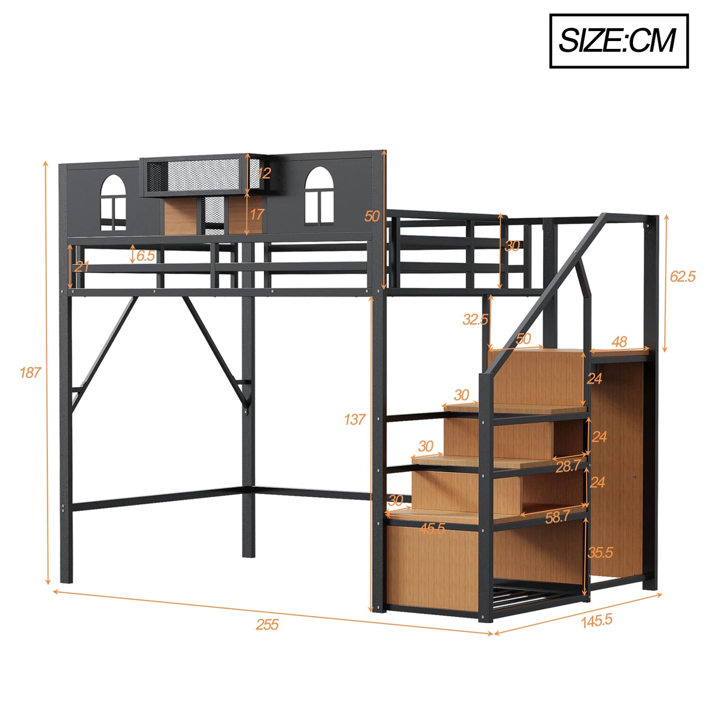 Hochbett 140x200 Jugendbett ohne Matratze mit einzigartige Erhöhte Umzäunung,Bettgestell mit Ablagefläche Am Bett