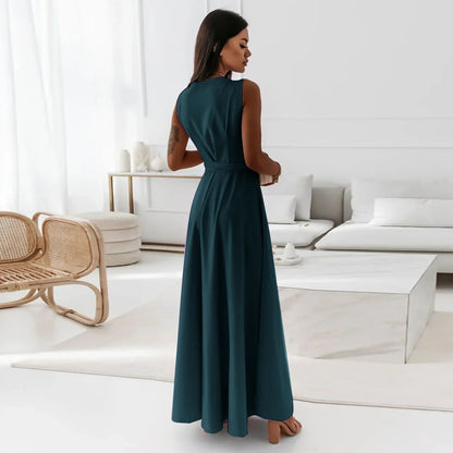 Frühling Sommer Neue Stil frauen Lange V-ausschnitt Kleid Reine Farbe Maxi Kleid Ärmelloses Empire-Taille Kleid für Damen Modische
