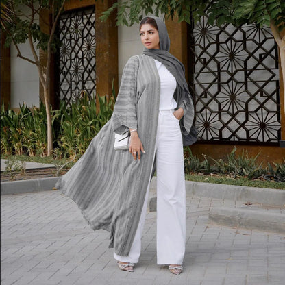 2024 New Fashion Muslim Kimono Abaya Solid Striped Retro Ethnic Cardigan Robe Dubai Middle Eastern Saudi Arabia Eid Clothes
