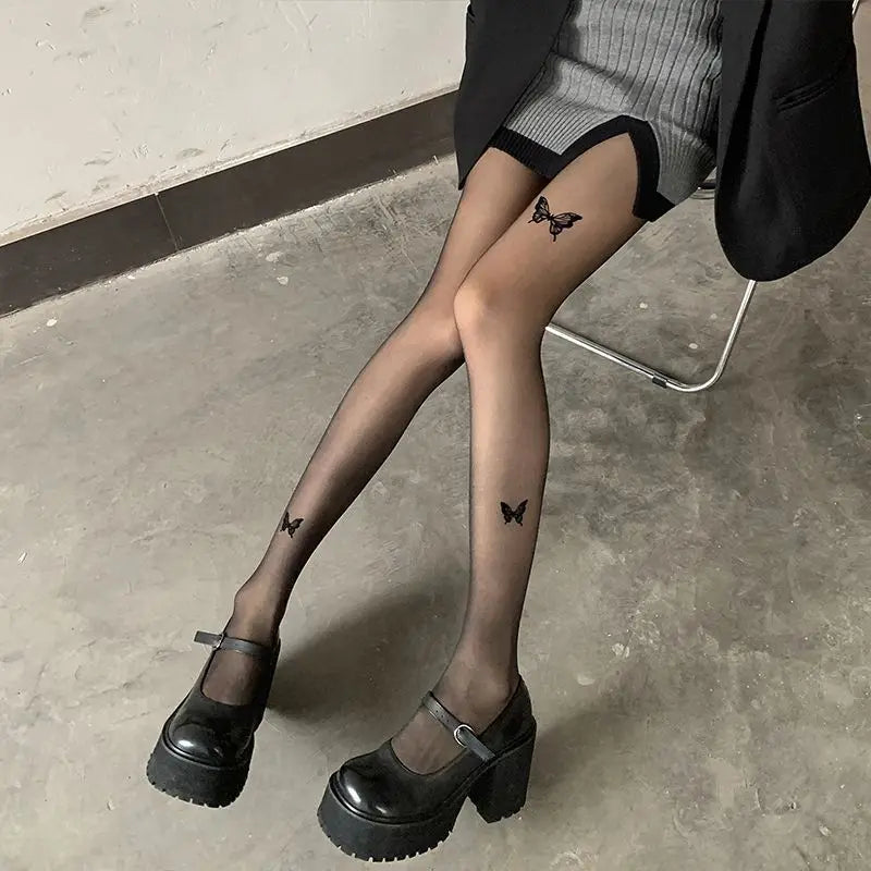 Women Butterfly Print Tights Pantyhose Spring Summer Black Nylon Ultra-thin Stockings Hosiery Spicy Girl Party Club Stockings.