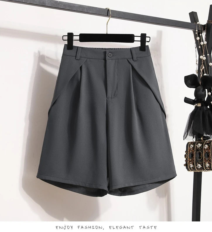 Women's A-Line High Waisted Wide Leg Short Pants Plus Size Casual Suit Shorts Summer 2025 Oversized Loose Five Quarter Pants.