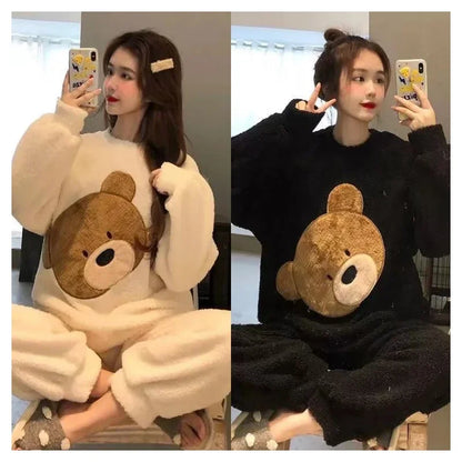 Thickened Warm Women Winter Two Pieces Set Flannel Homewear Pajamas O-Neck Loose Cute Cartoon Bear Ladies Sleepwear Loungewear.