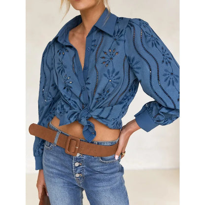 2025 Autumn New Solid Shirt Casual Loose Fashion Hollow Puff Sleeve Cardigan Tops For Women Office Black Hollow out Blouses.