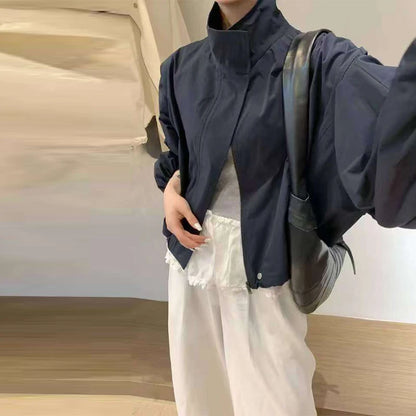 Straße Solide Zipper Dünne Jacke Frauen Stehen Kragen Volle Hülse Kordelzug Straße Jacken 2025, Herbst Dame Casual Outwears Neue.