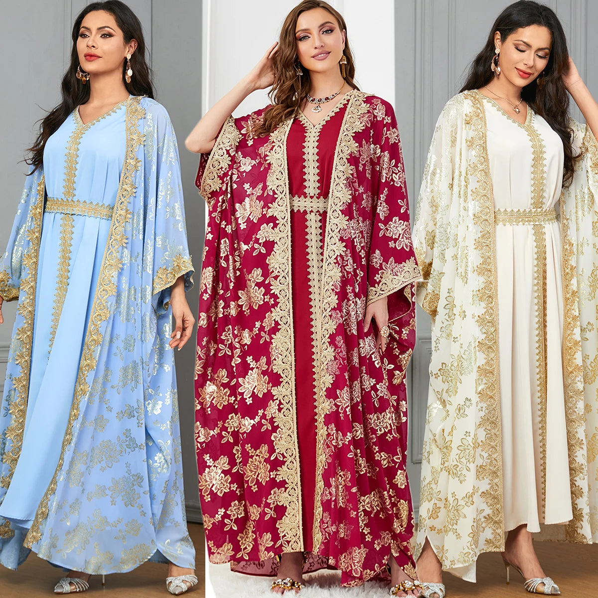 Eid Muslim Party Dress for Women Abaya with Inner Dress 2 Piece Set Jalabiya Ramadan Abayas Robe Caftan Vestidos Largos 2024.