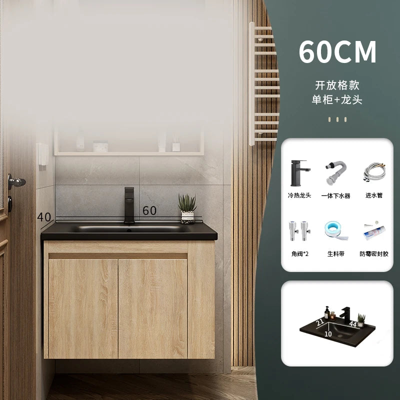 Leichter Luxus-Badezimmerschrank-Kombination, Badezimmer-Waschbecken, Gesichtswaschbecken, Toilettenholz, Waschbecken aus Keramik, integriertes Waschbecken im japanischen Stil