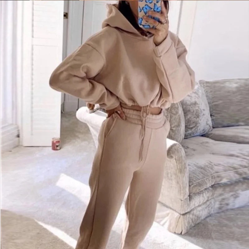 2025 Autumn Winter Women Sweatshirt Set Solid Color Casual Simple Hooded 2 Piece Outfit Set Fashion Gym Jogging  Woman Pant Sets.
