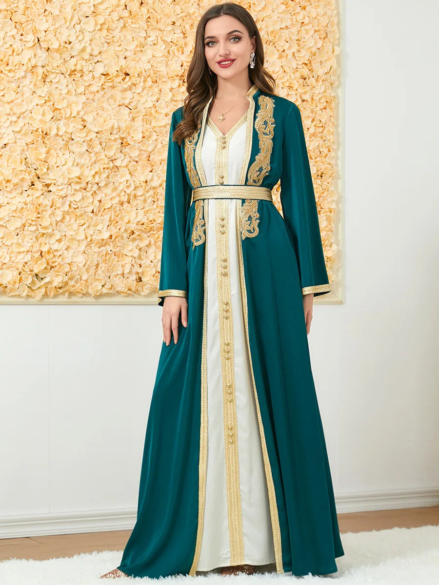 Maßgeschneiderte muslimische Sets, elegante muslimische Frauen, Sommer, langärmelig, V-Ausschnitt, Polyester, lila, 2-teiliges Kleid, Mantel, passende Sets, Muslim