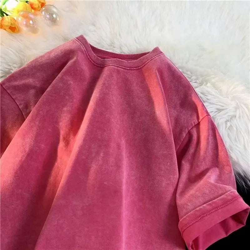 American Style Retro Heavyweight Solid Color Short Sleeved T-shirt Men Women Summer Street Trendy Washed Old Oversized Clothes.