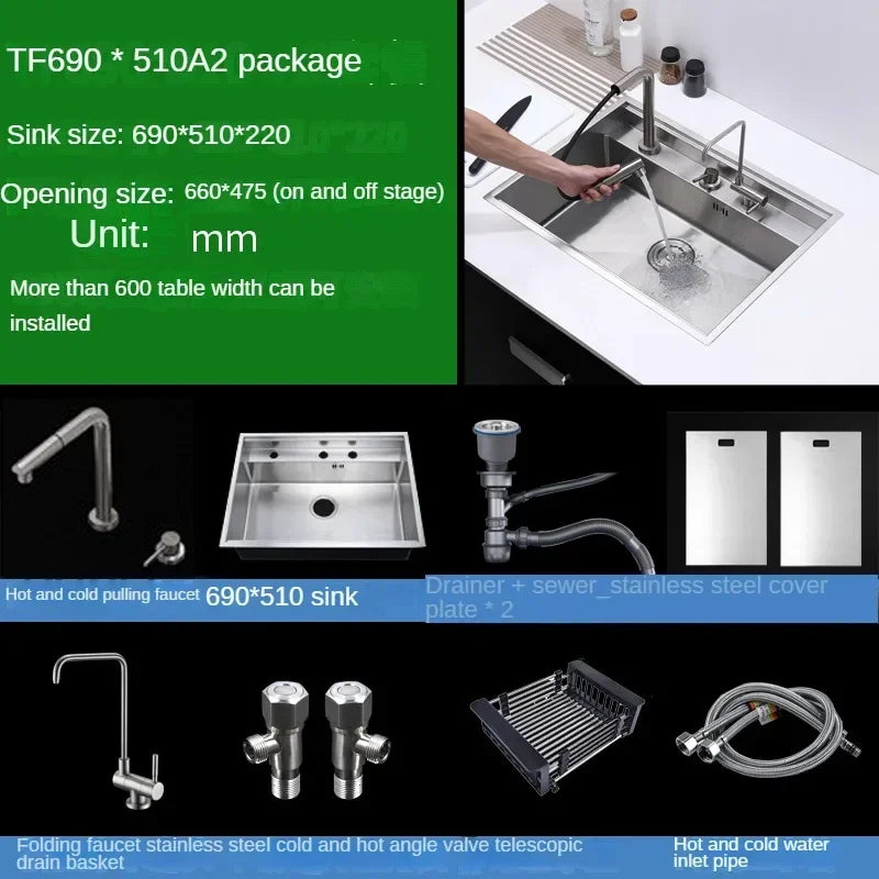 Hidden Stainless Steel Kitchen Sinks Modern Kitchen Accessories with Cover Kitchen Sink Dish Drainer Light Luxury Single Tank L