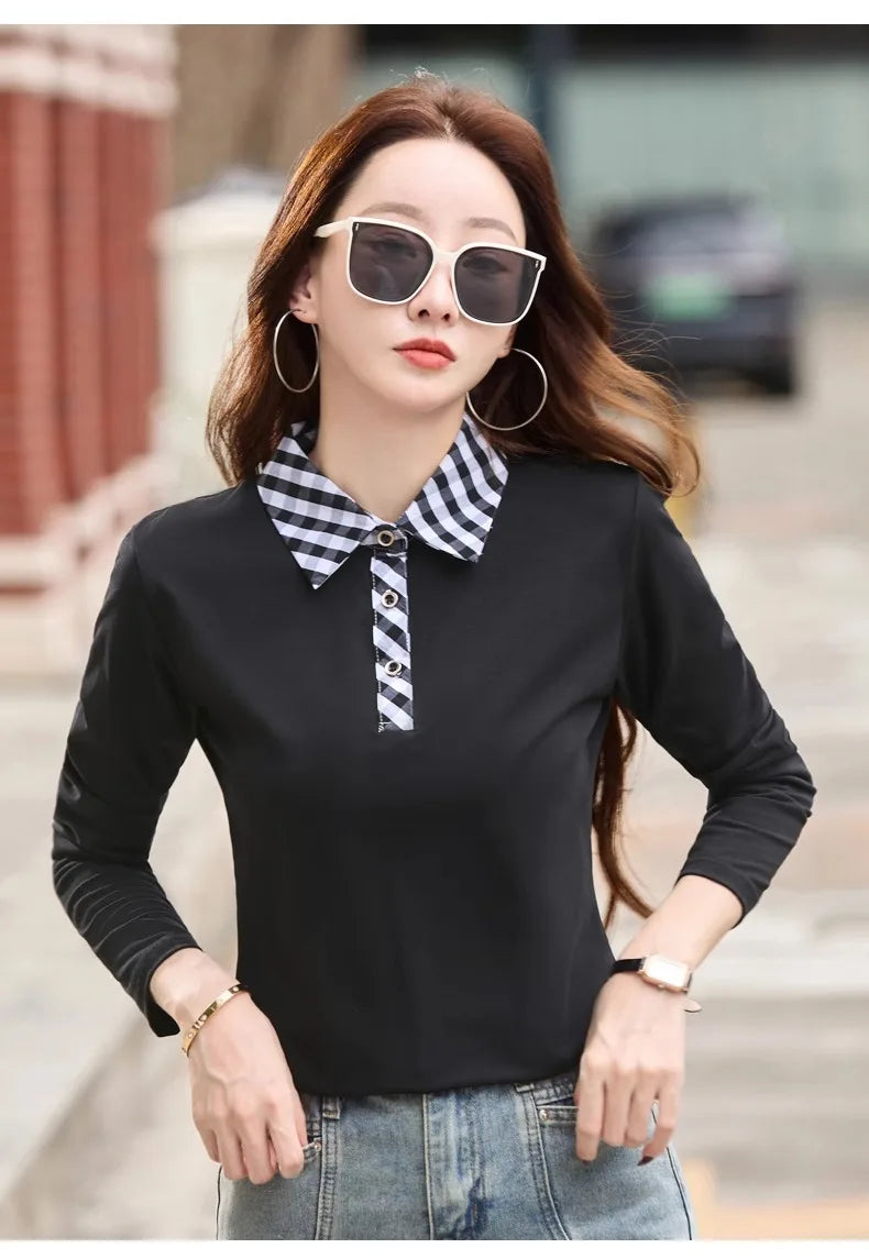 European station lapel long sleeved t-shirt women's new high-end fashion light luxury casual plus size spring and autumn top.