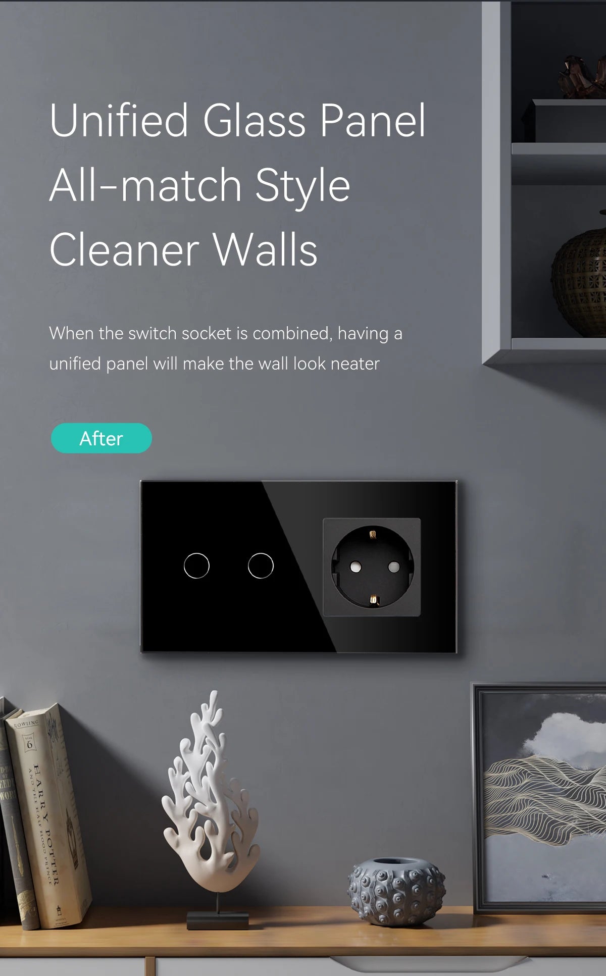 BSEED Touch-Lichtschalter mit EU-USB-Steckdosen, schwarze Wand-LED-Schalter, 1/2/3 Gang, 1-Wege-Kristall, dunkelblaue Hintergrundbeleuchtung, Wandschalter.