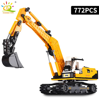 HUIQIBAO Engineering Truck Building Blocks Vehicle Excavator Bulldozer Crane Car Bricks City Construction Toys For Children Boys
