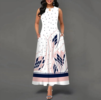 Blumendruck Neues lässiges ärmelloses langes Kleid Damen V-Ausschnitt bedrucktes Kleid Swing Bohemian Retro Kleider
