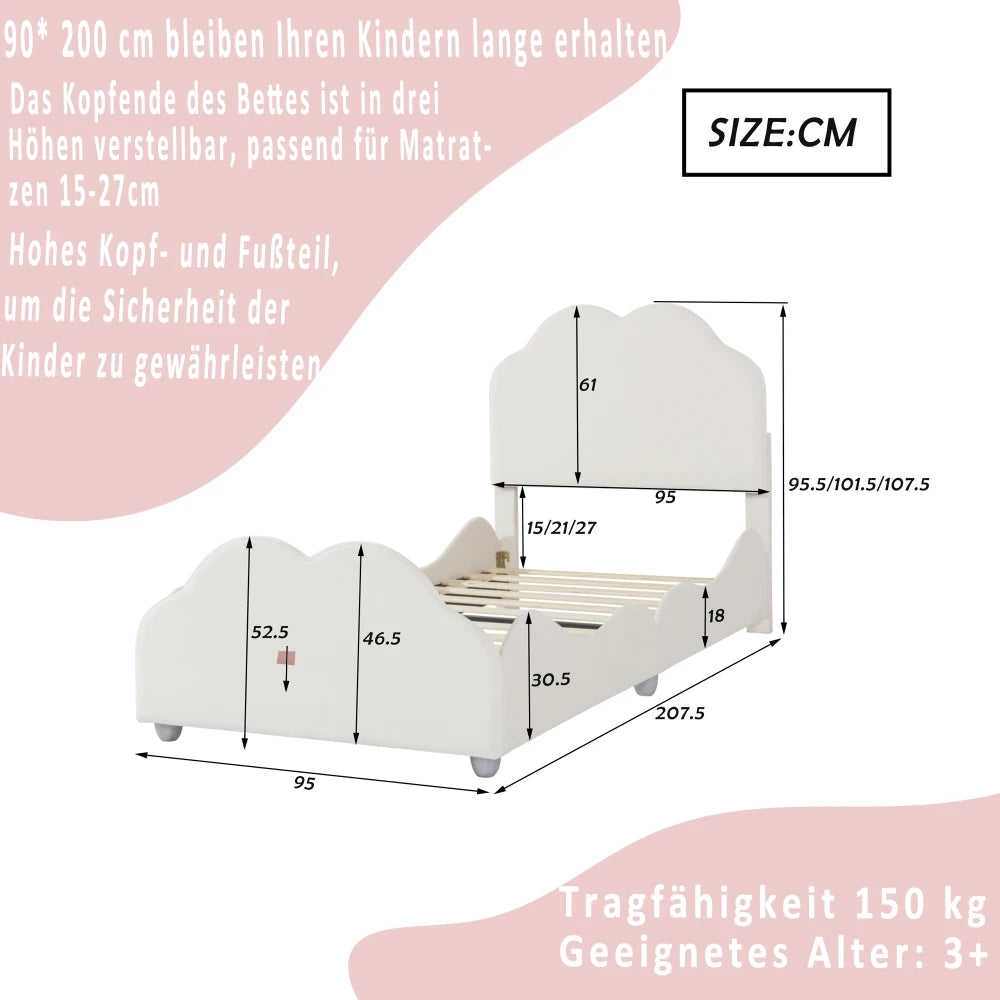 Kinderbett 90 x 200 cm hohes Geländer, Kinderbettgestell mit wolkenförmigem Kopf und Fußteil, Bett aus hautfreundlichem Samt