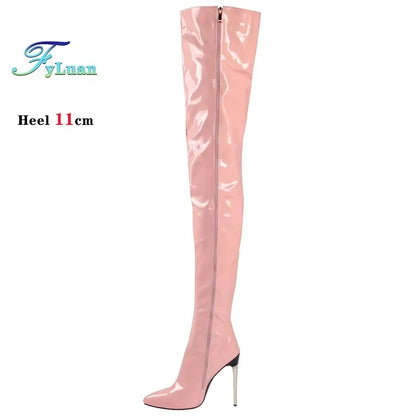 Plus Size 45 46 47 Women Stripper Heels 11CM Stiletto Sexy Pointed toe Red Long Shoes Club Party Over The Knee Thigh High Boots.