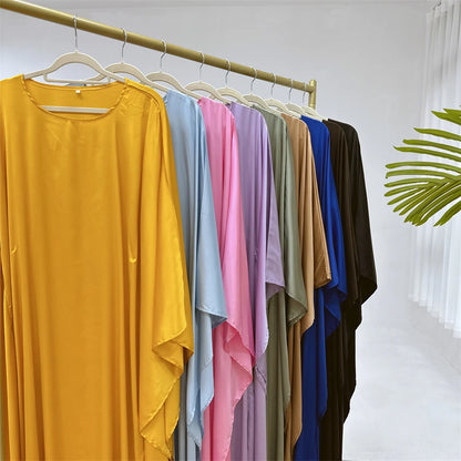 Eid glänzende Fledermaus Satin Abaya Dubai Luxus muslimische Abayas für Frauen Maxi Kaftan Kleid islamische Kleidung Kaftan Marocain Femme