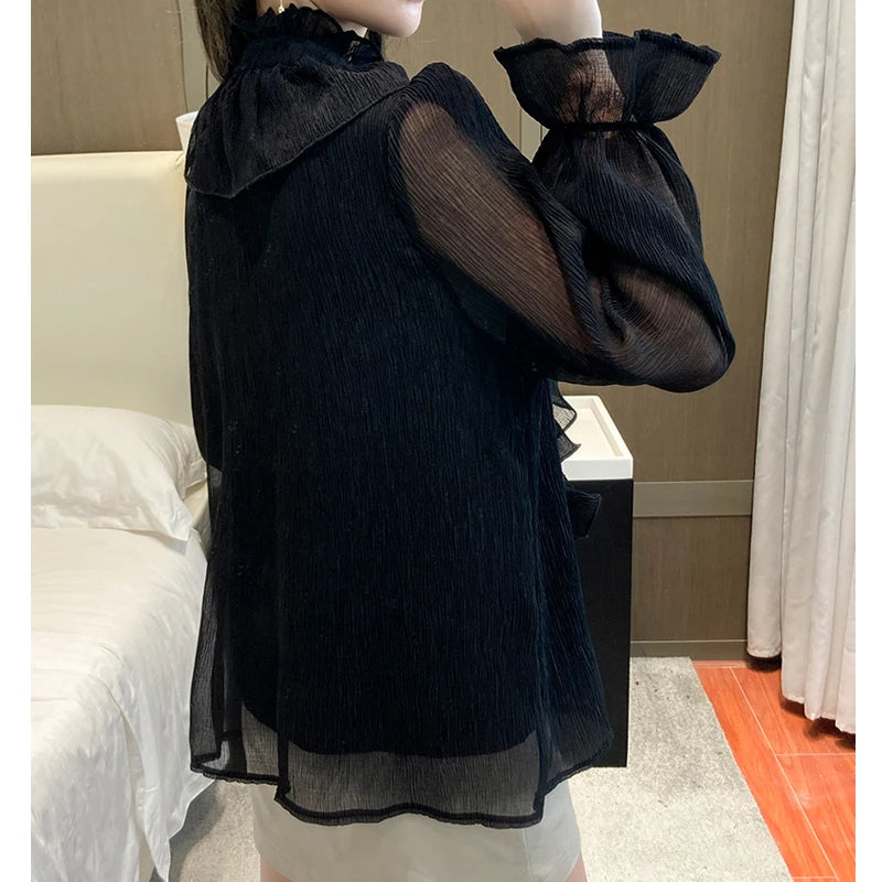 Autumn Vintage Ruffles Clothes Lace Blouse Women Spring Stand Collar White Chiffon Shirt Long Puff Sleeve Loose Tops Elegant.