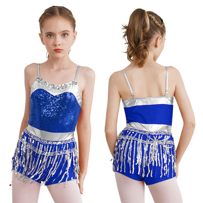 Kinder Mädchen Latin Tanz Kostüm Jazz Samba Cha-Cha Eiskunstlauf Trikot Kleid glänzende Pailletten Quaste Bodysuit für Bühnen performance.