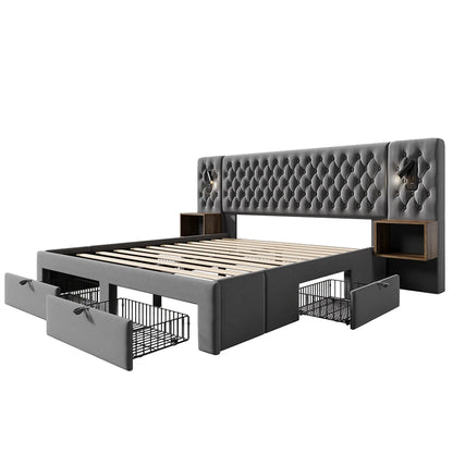 KOMHTOM Polsterbett mit 2 Nachttischen und 4 Schubladen, Kopfteil Leselicht mit USB-Ladefunktion, Samt (Ohne Matratze)