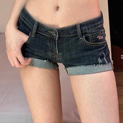Summer New Women Korean Denim Shorts Pants Lady Low Waist Elastic Slim Fit Hot Pants Female Sexy Deep Blue Hip Wrapping Jeans.