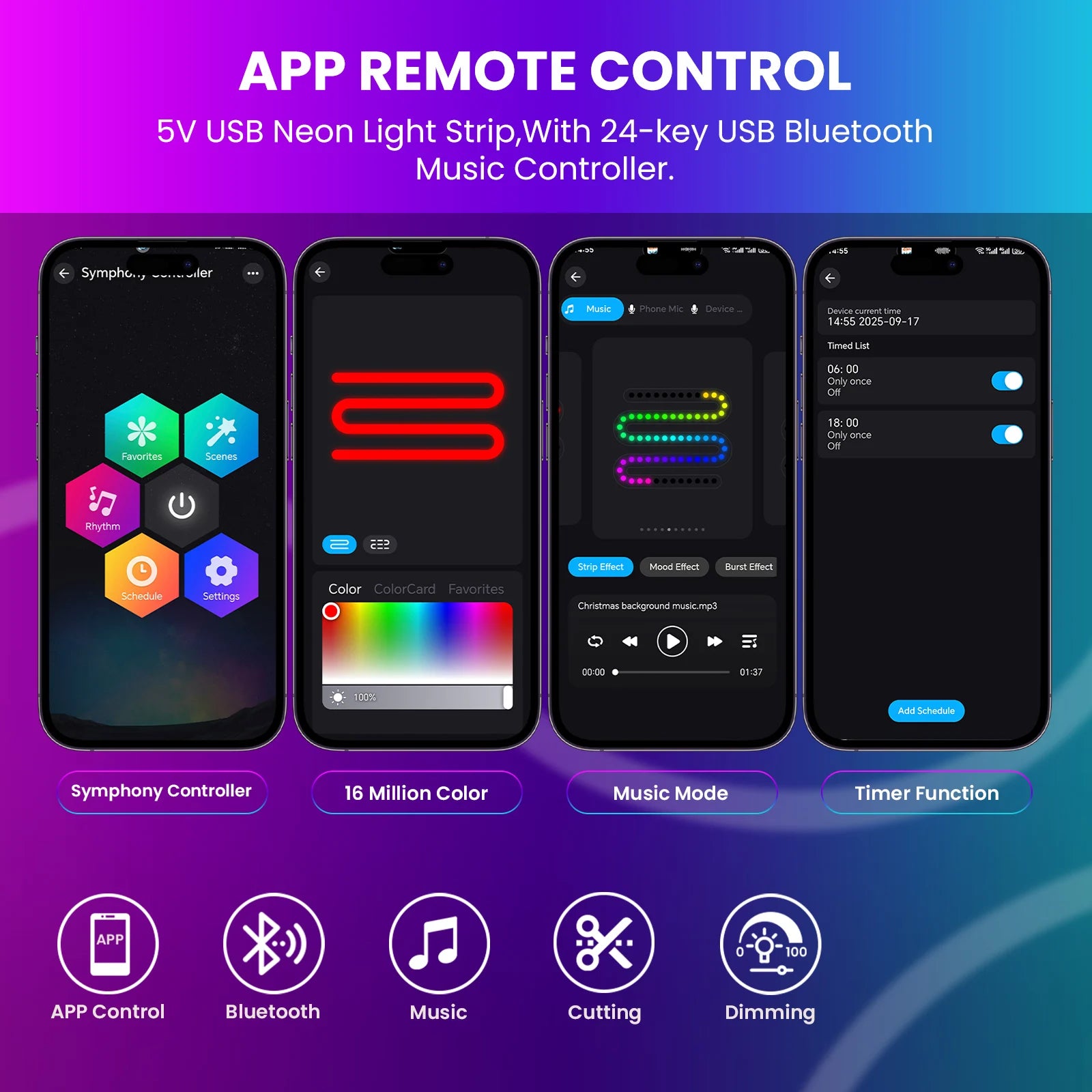 DC5V USB RGB LED Round Neon Light Strip Music Sync Control with App/Remote Addressable Lamp IP67 Waterproof for Indoor Outdoor.